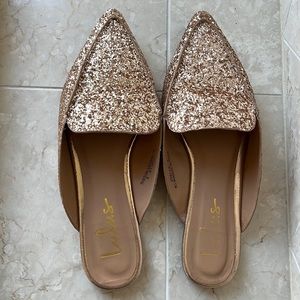 Lulus rose gold glitter slides